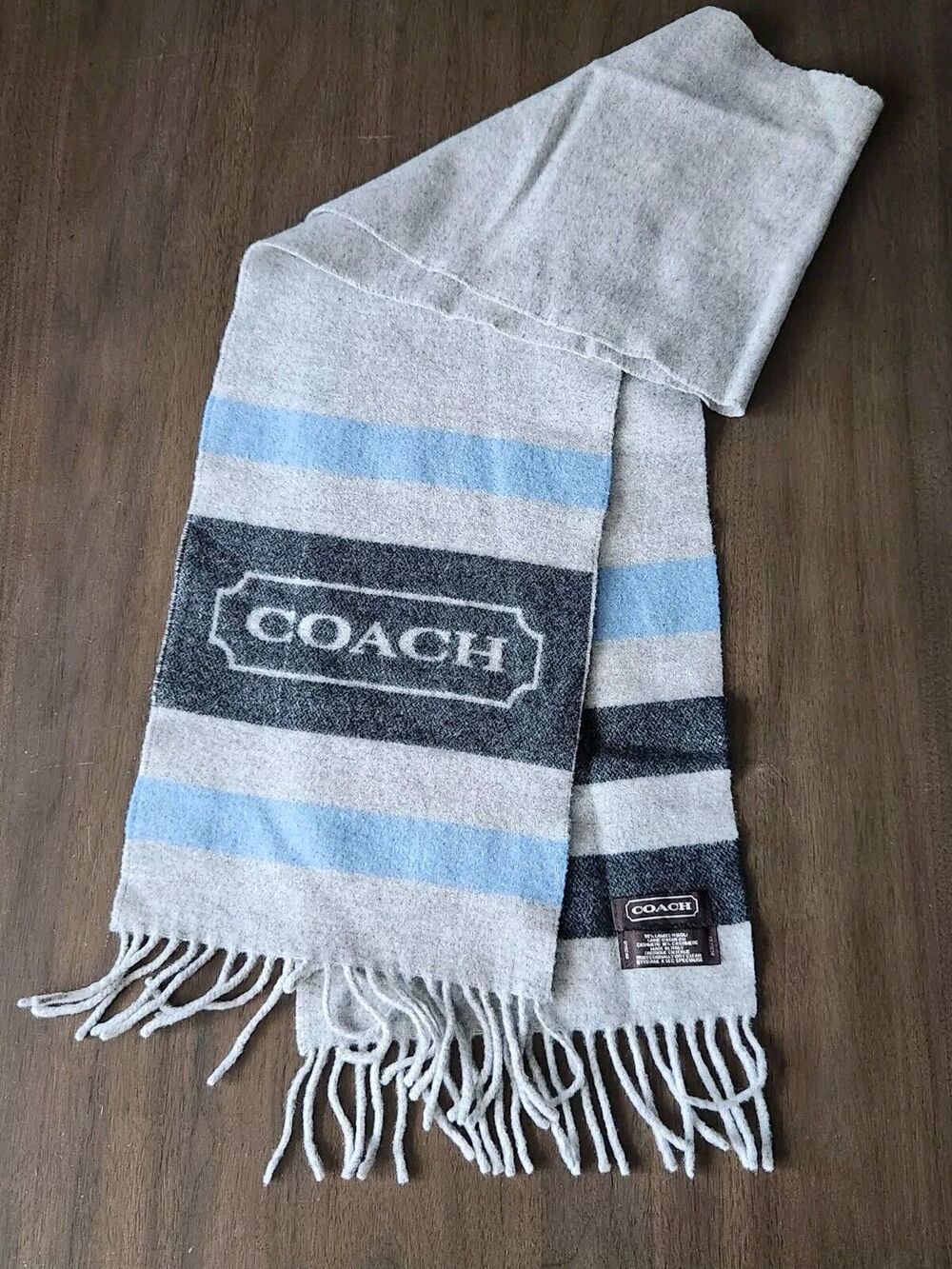 Coach Wool Cashmere blend scarf 9 1/2" w 59" long UNISEX BLUE GRAY STRIPED